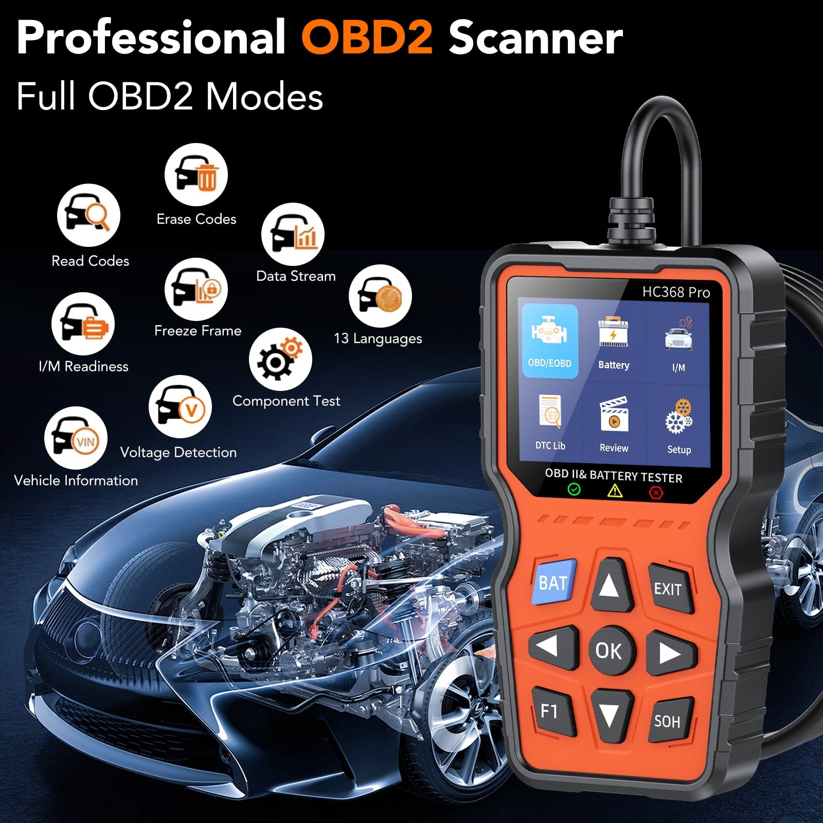 OBD2 Scanner Diagnostic Tool, Car Check Engine Code Reader with Battery Level & Life Test, Mode 6/8 & I/M Readiness for Smog Check, Full System Auto Diagnostic Scan Tool for All OBDII Cars 1996+